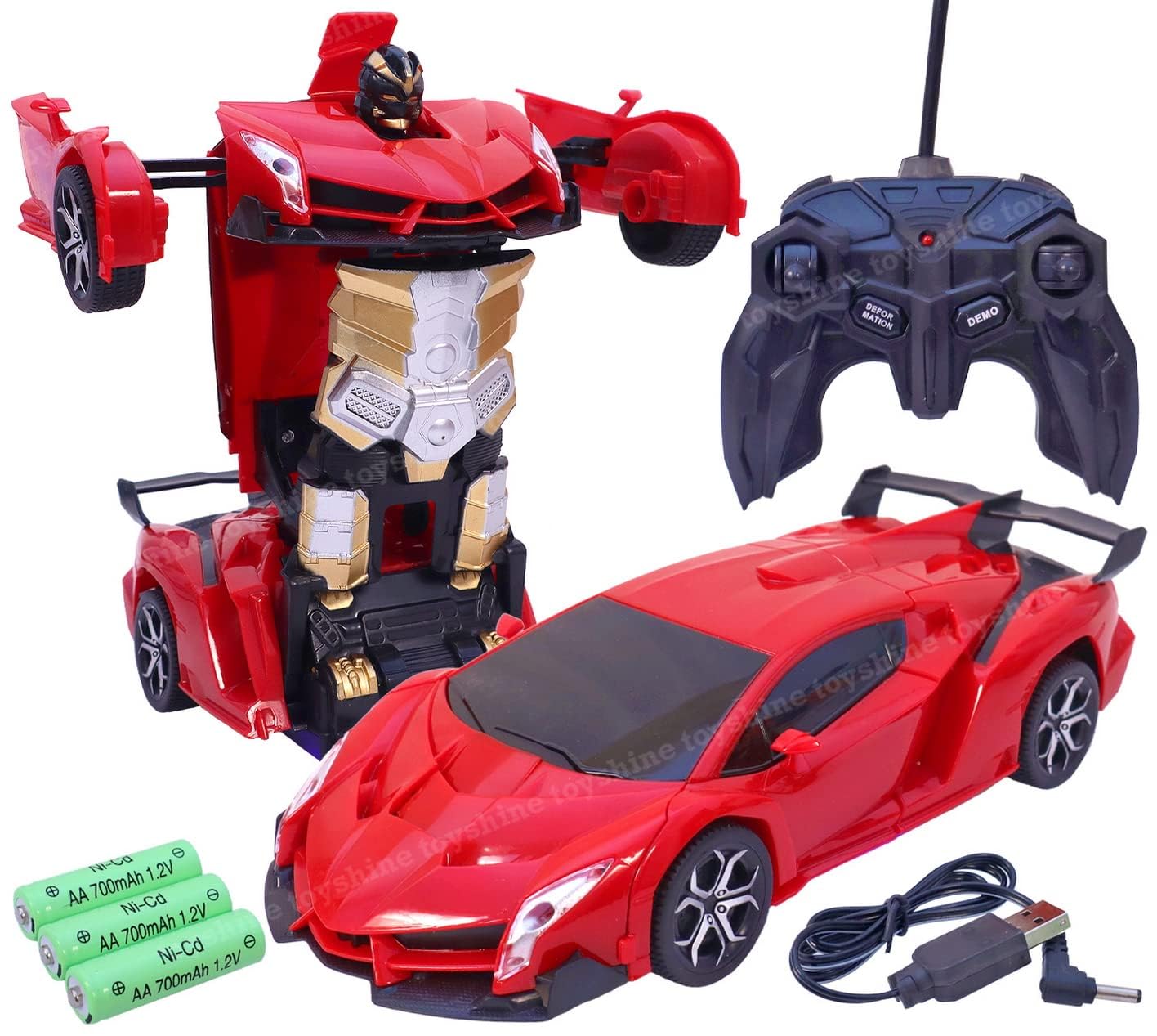Remote Control Rechargeable Car-to-Robot Transforming Toy - One-Click Deformation, Red